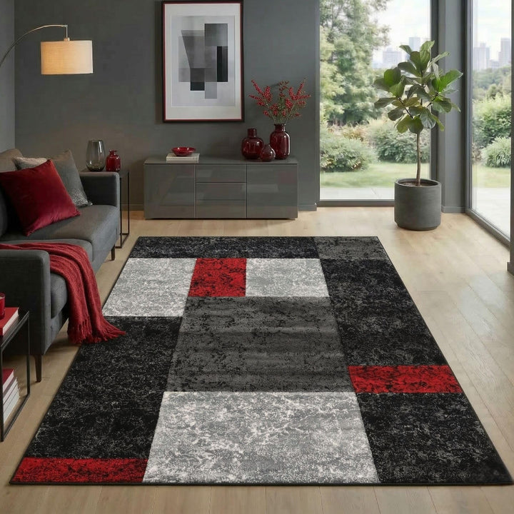 Carpetsale24 Teppich 240x340 cm XL Kurzflor Konturenschnitt in Schwarz Grau Rot Kariertes Design, Ex