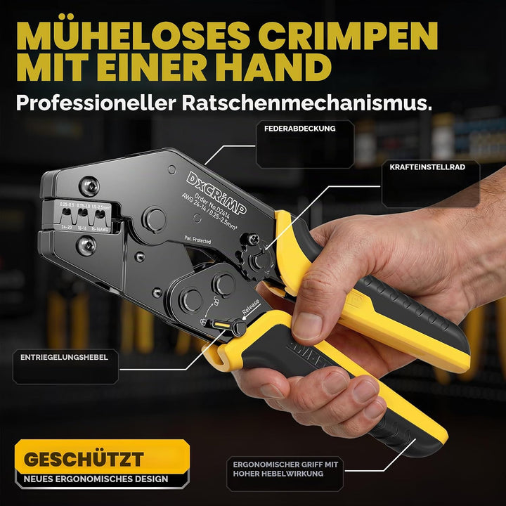 DxCRIMP Crimpzange Flachsteckhülsen mit 26 Arten Flachstecker Set, Krimpzange für 0,25-2,5mm² Steckv