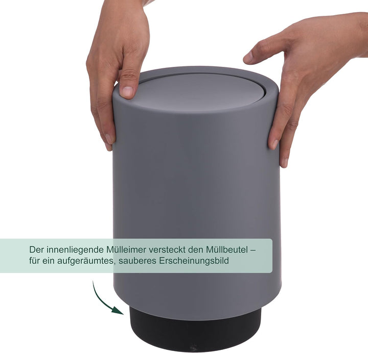 Relaxdays Kosmetikeimer, 6 Liter, Schwingdeckel, Inneneimer, matter Kunststoff, runder Badezimmer Mü