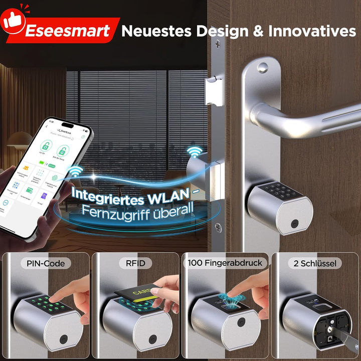 Eseesmart Smart Lock mit WLAN &amp; Bluetooth – Elektronisches Türschloss Fingerabdruck mit Display, Cod