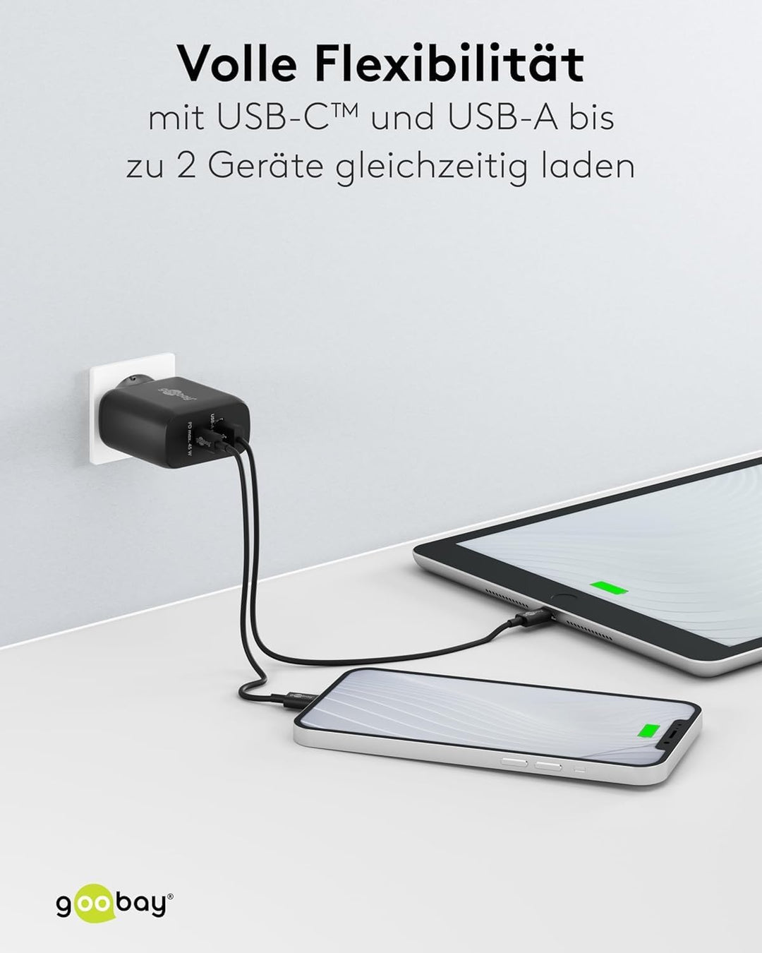 Goobay 65411 Dual Ladegerät 45W / USB-C &amp; USB-A Schnellladegerät Power Delivery/Ladenetzteil mit 2 U