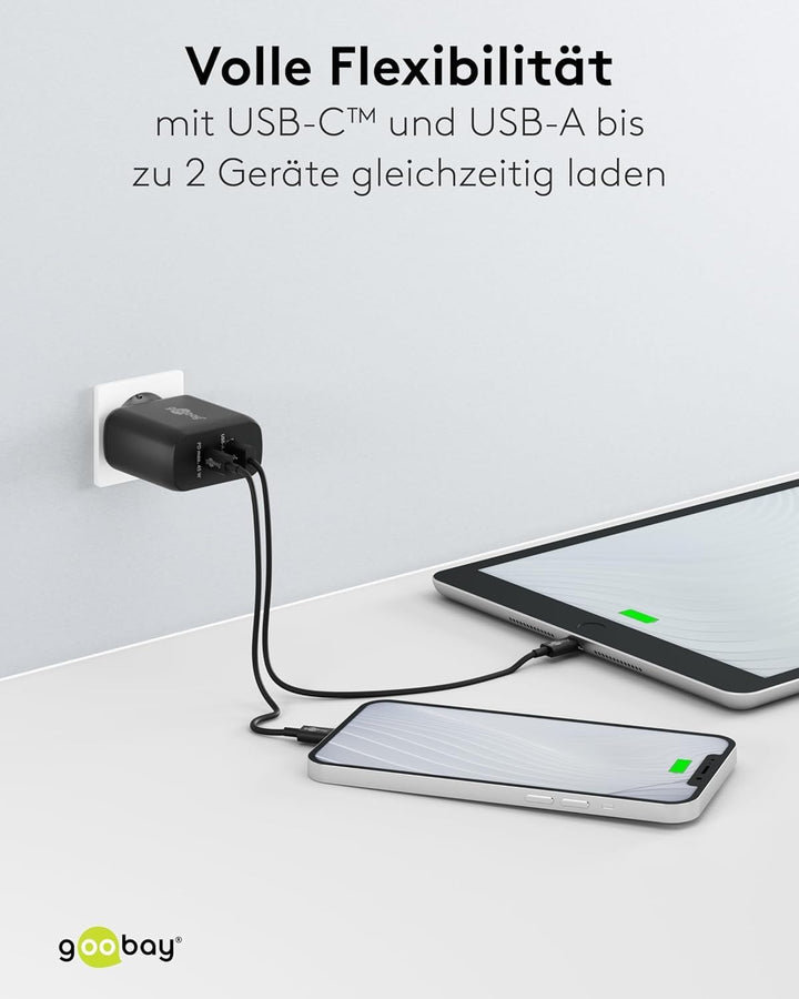 Goobay 65411 Dual Ladegerät 45W / USB-C &amp; USB-A Schnellladegerät Power Delivery/Ladenetzteil mit 2 U