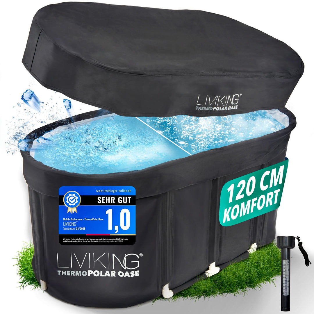 Eisbad 120 cm Komfort-Komplettset – faltbare Badewanne von LIVIKING® Schwarz 120 cm – Classic, Schwa