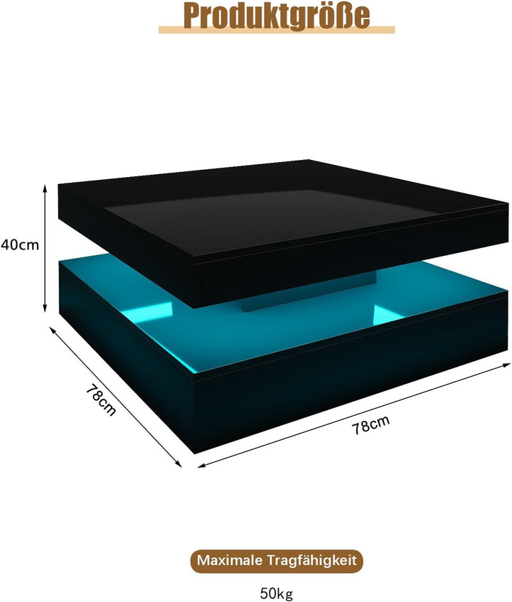KEEPREAPER Couchtisch Wohnzimmertisch, Sofatisch mit LED Beleuchtung modern für Wohnzimmer, 78 x 78