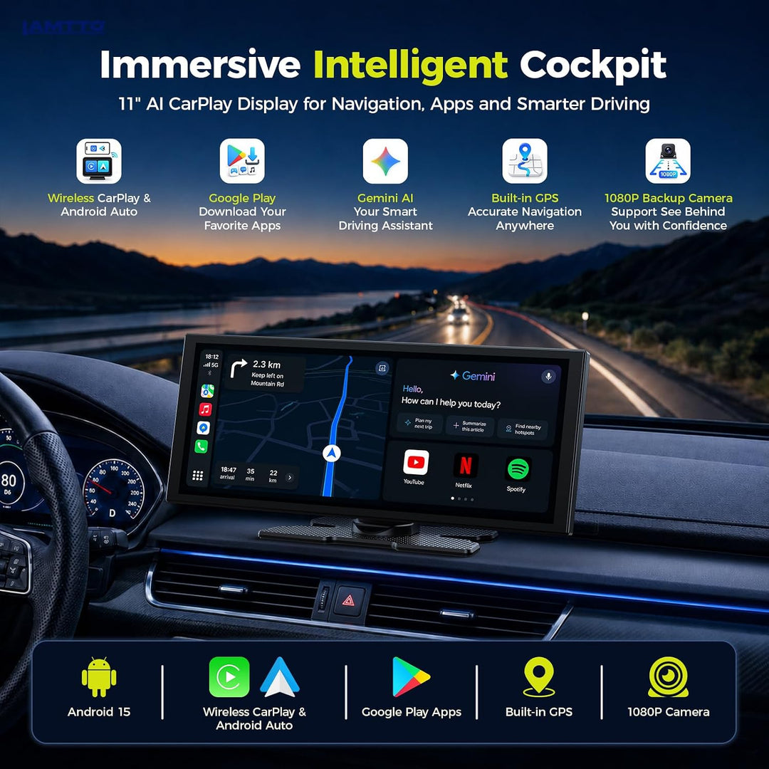 LAMTTO AI CarPlay Display 11 Zoll mit Android 15, Google Play &amp; Gemini AI