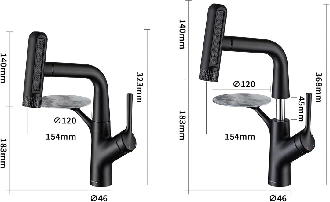 Waschtischarmatur Schwarz Wasserhahn Bad mit Ausziehbar 6 Brause, Schwarz