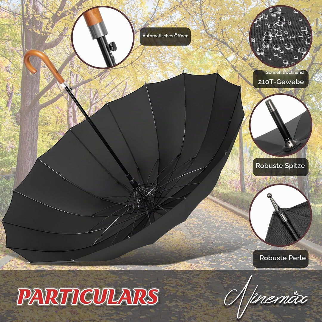NINEMAX Regenschirm Stockschirm Sturmfest für Herren Damen, Grosser Regenschirm Holzgriff, Classic S