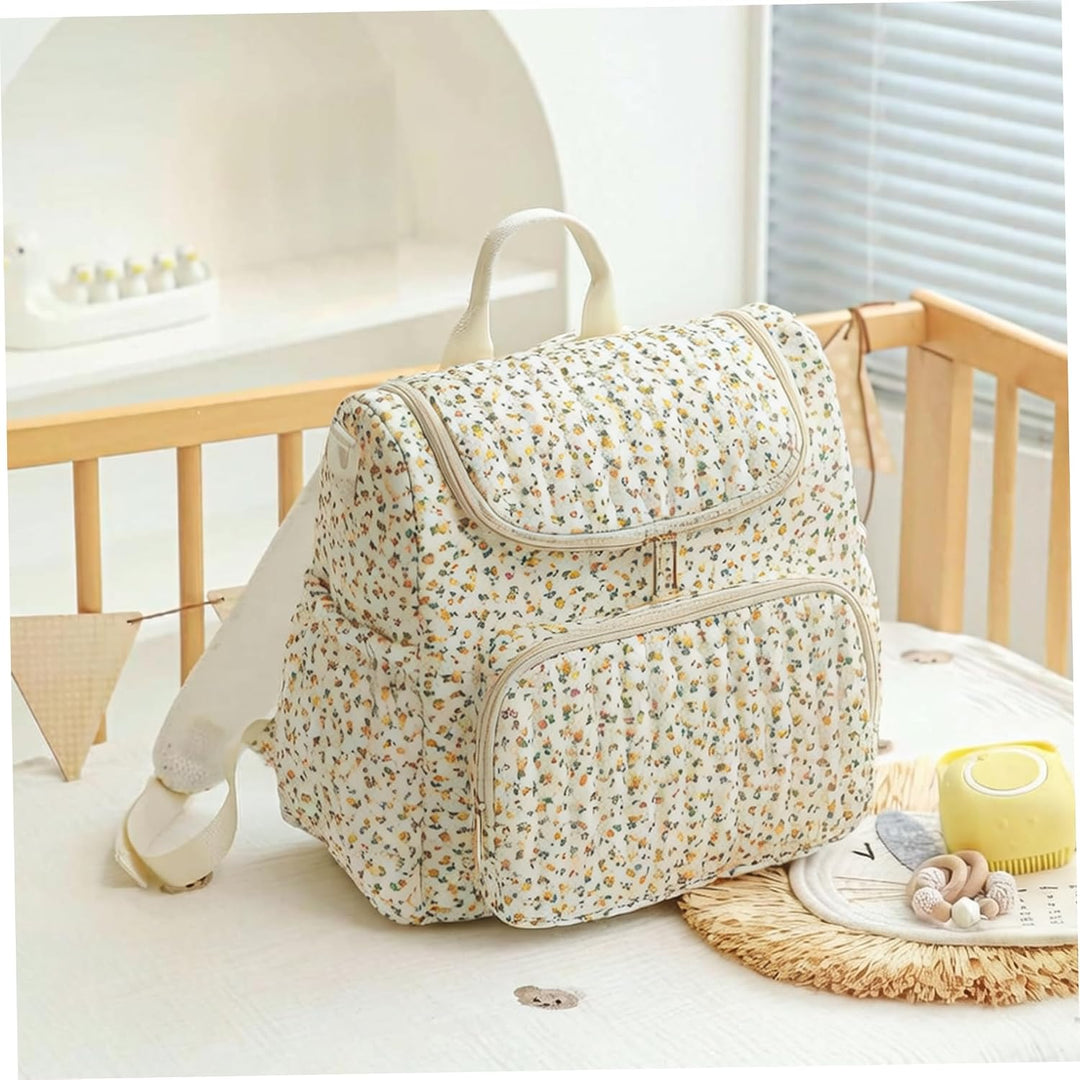 Gesteppte Wickeltasche, Wickelrucksack mit Blumenmuster, geräumiger Mama-Rucksack mit mehreren Tasch