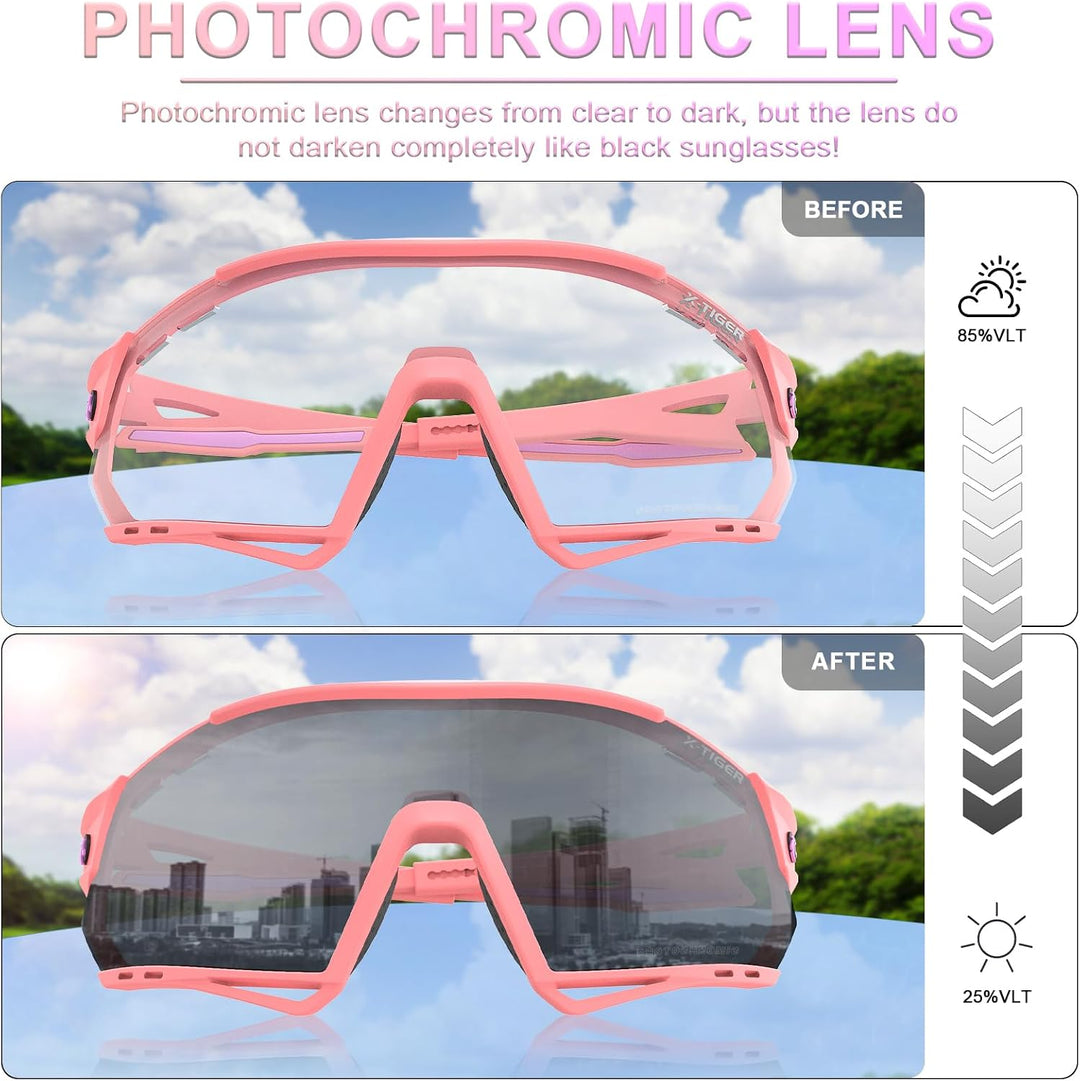 X-TIGER Fahrradbrille selbsttönend Sonnenbrille Herren Damen TR90 Rahmen UV400 Schutz Photochromatis