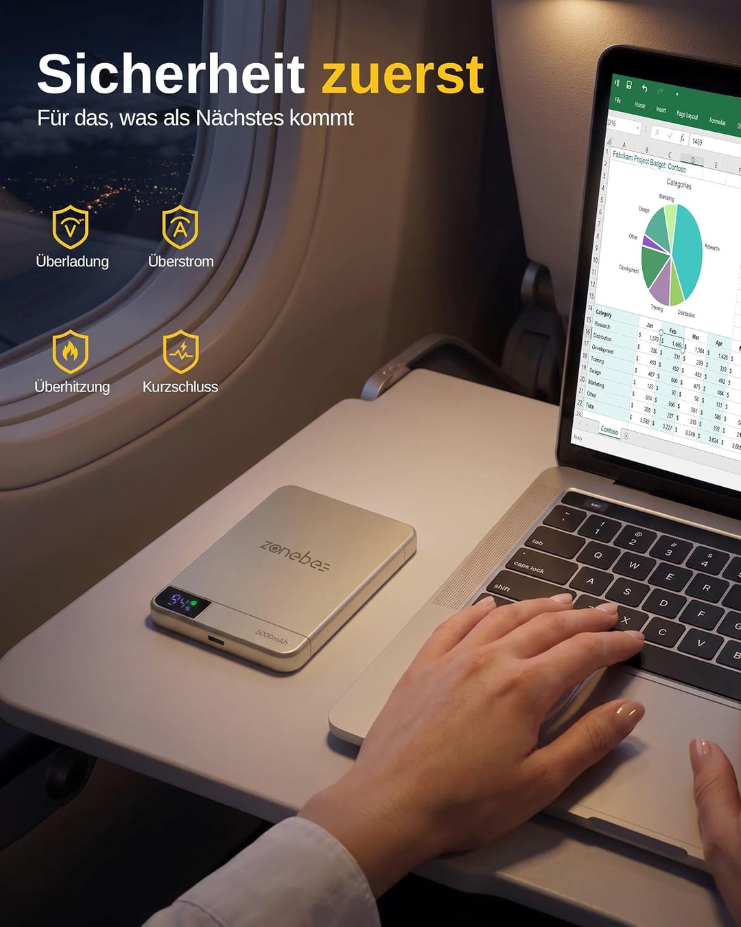5000mAh Kabellose Powerbank, Ultra-Schlank und Leicht mit USB-C Schnellaufladung, Digitaler Anzeige,