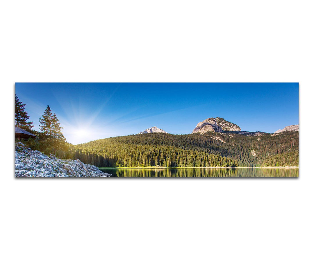 Paul Sinus Art Panoramabild auf Leinwand und Keilrahmen 150x50cm Montenegro Nationalpark See Boote B
