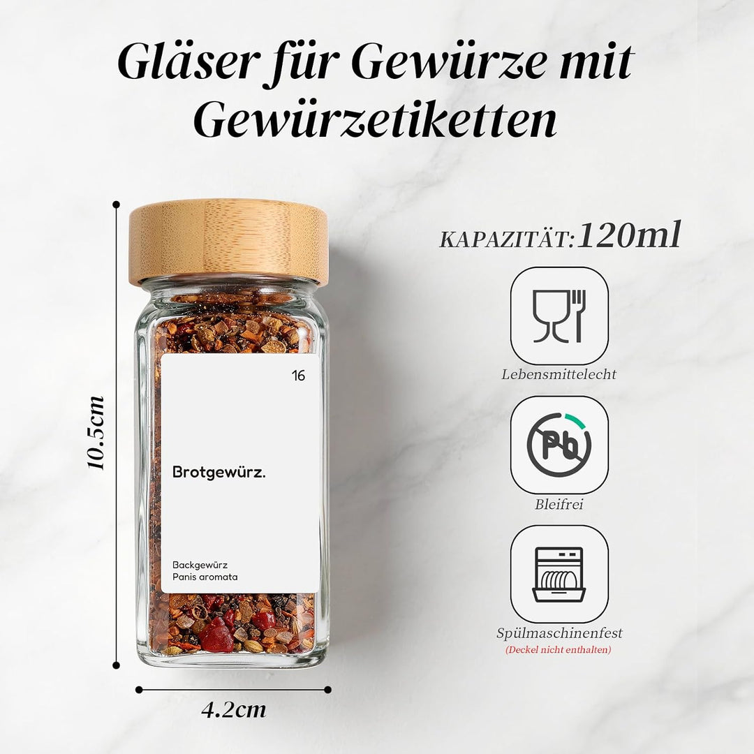 MHDCLY 24er Set Gewürzgläser Eckig mit Bambusdeckel (120ml) - Luftdichte Spice Jars &amp; Gewürzstreuer
