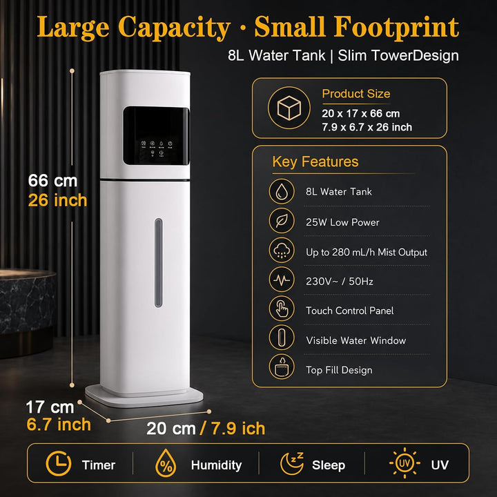 GFTIME 8L Luftbefeuchter für Schlafzimmer mit Hygrostat, Weiss