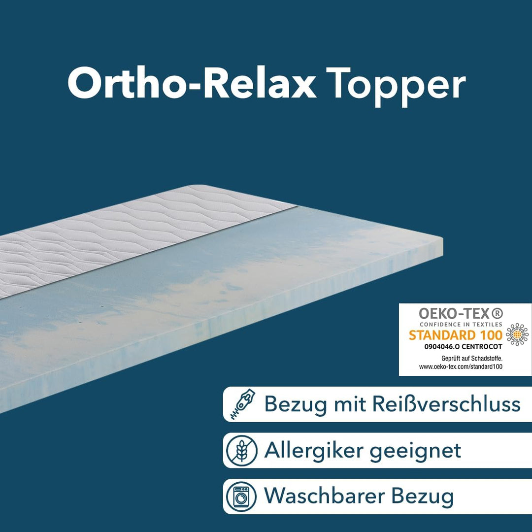 Ortho-Relax Gel Topper 80x190cm, Matratzentopper weich, waschbarer Bezug mit Zonenversteppung, Matra