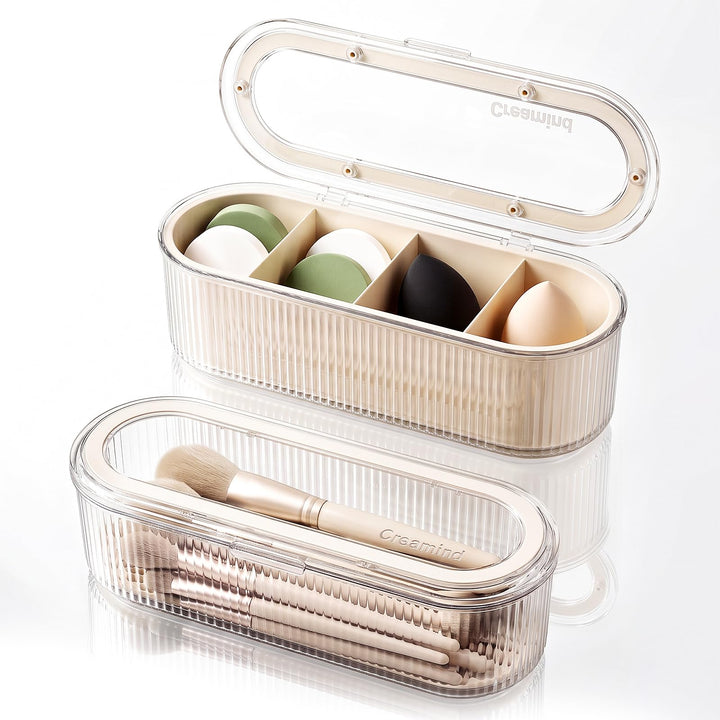 2er-Set Kosmetik Make Up Organizer Cremeweiss, Wattepadspender, Wattestäbchen Behälter, Clear Schmin