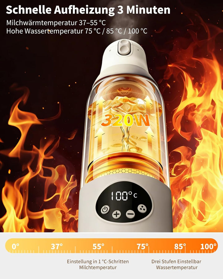 2-in-1 Reisewasserkocher &amp; Tragbarer Babyflaschenwärmer mit 500 ml, 12000 mAh Akku, 37–100 °C Präzis
