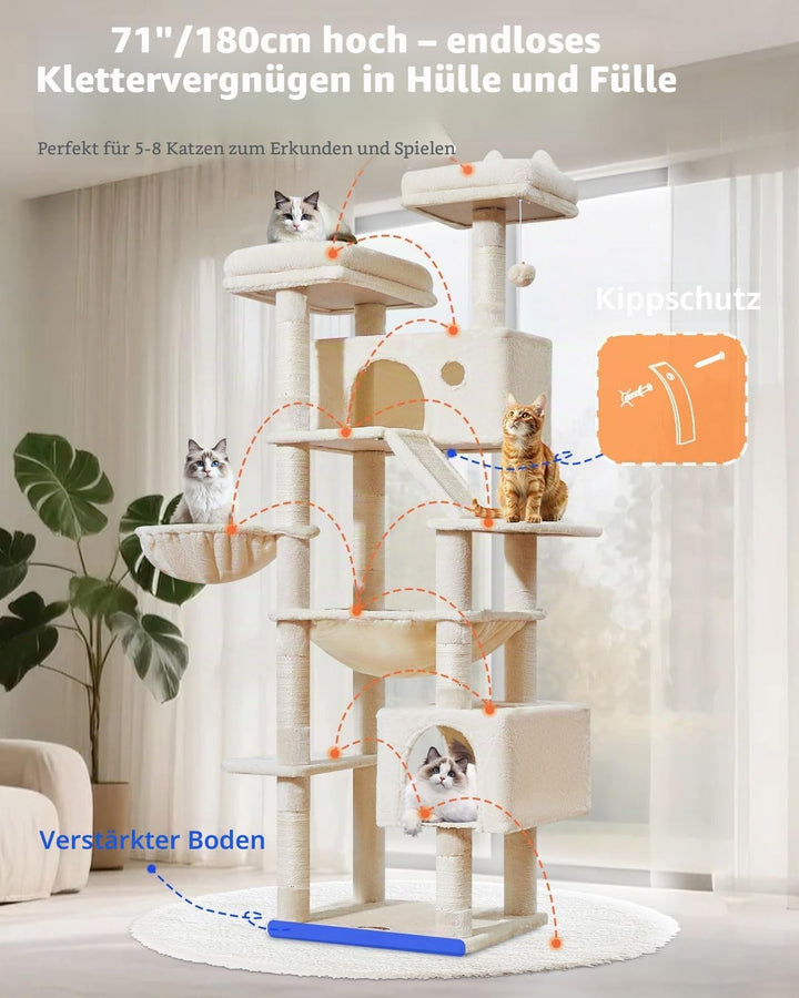 Taoqimiao 180CM Kratzbaum Gross, Katzenbaum Katzen Kratzbaum Grosse Katzen Stabil mit 2 Katzenhaus,