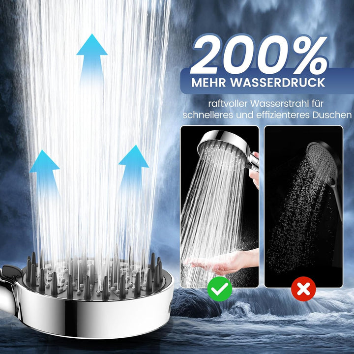 FEELSO Duschkopf mit 1,8 m Schlauch, grosse Duschfläche, 9 cm verlängerbar Silber, Silber