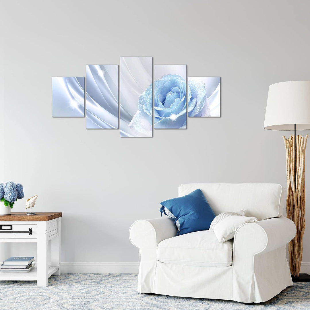 Runa Art Wandbilder Blumen Rose 5 Teilig Bild auf Vlies Leinwand Deko Wohnzimmer Vintage Blau Grau 2