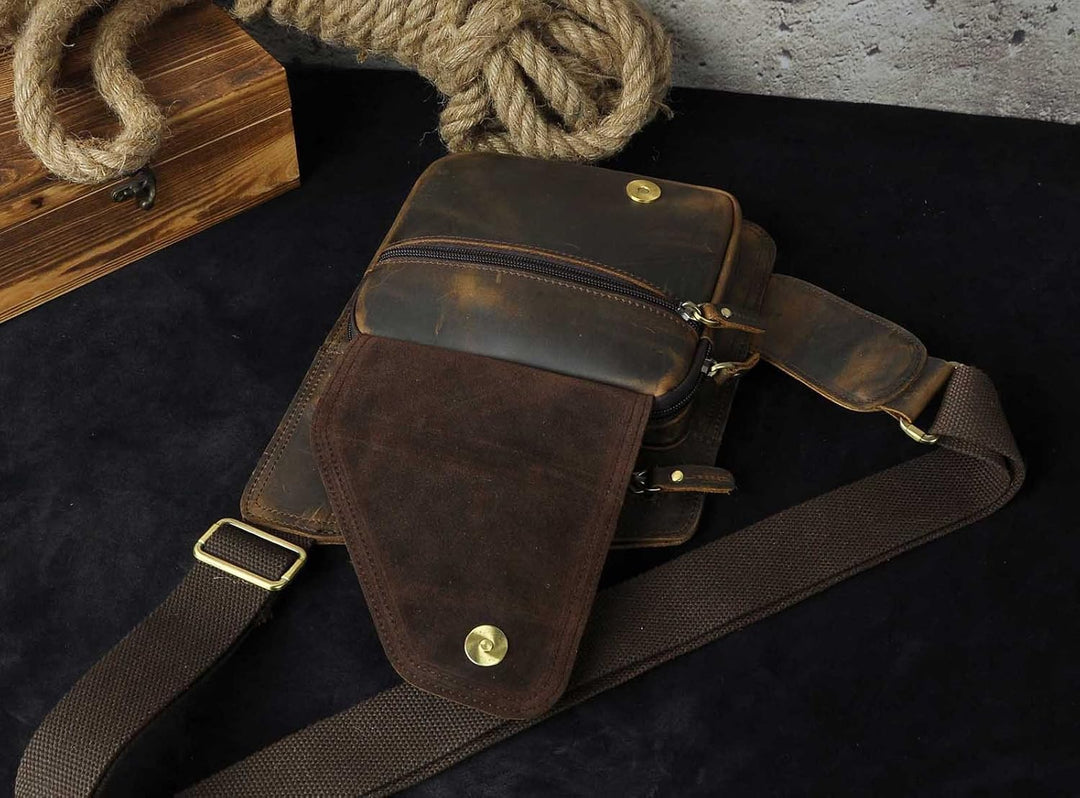 Le’aokuu Herren Echtes Leder Brusttasche Crossbody Bag Sling Bag Schultertasche Gurteltasche Umhänge