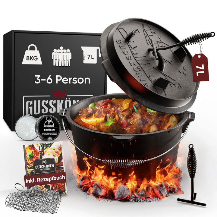 Dutch Oven Set [7L] - Eingebrannter Feuertopf mit praktischem Deckelheber und Füssen, 7 Liter