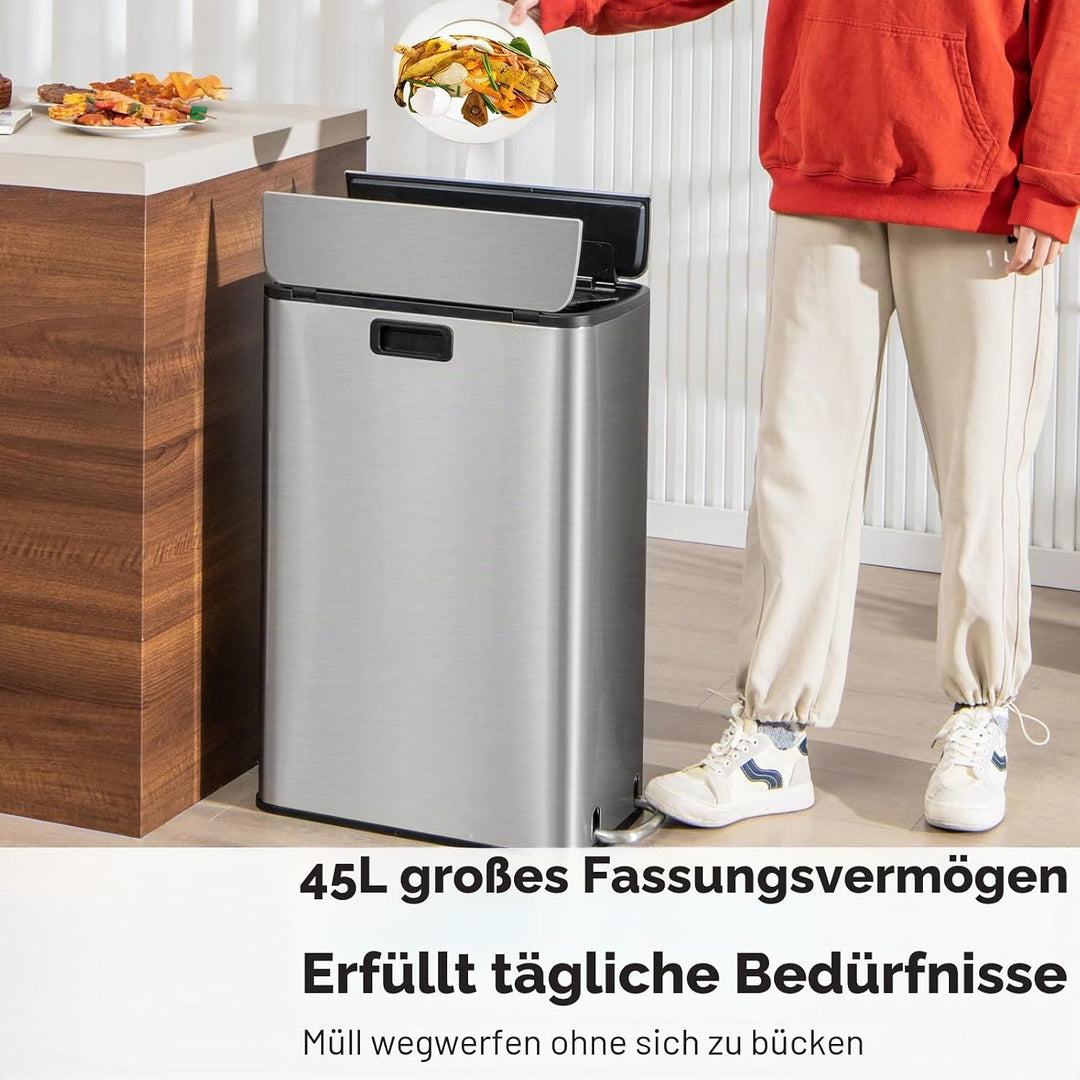 LIFEZEAL 45L Mülleimer, Mülltrennsysteme mit Deckel für Mülltrennung, Bin aus Edelstahl mit doppelte