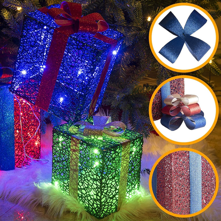 DELICHTER LED Weihnachtsdeko, 3× Rot/Grün/Blau Geschenkbox mit Schleifen Weihnachtsbeleuchtung für I