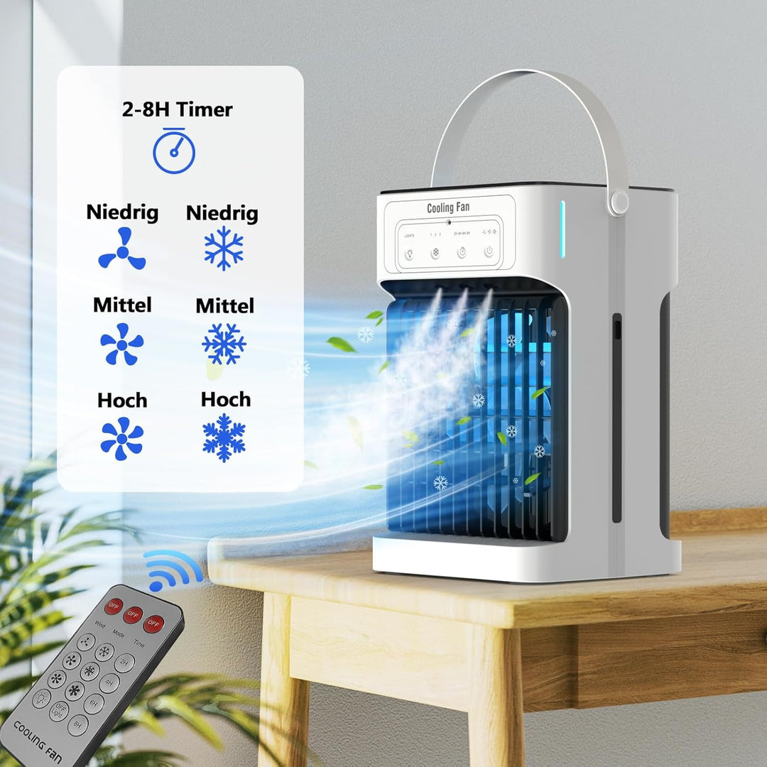 Mobile Klimaanlage,Mini Luftkühler mit Wasserkühlung und 1100ML Wassertank, 3 Luftgeschwindigkeiten