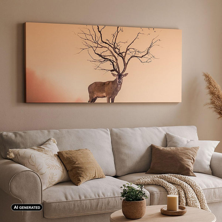 Wandbilder Dekoration Wohnzimmer Hirsch Baum Nebel Wald Panorama Bilder auf Leinwand 120x50cm Leinwa