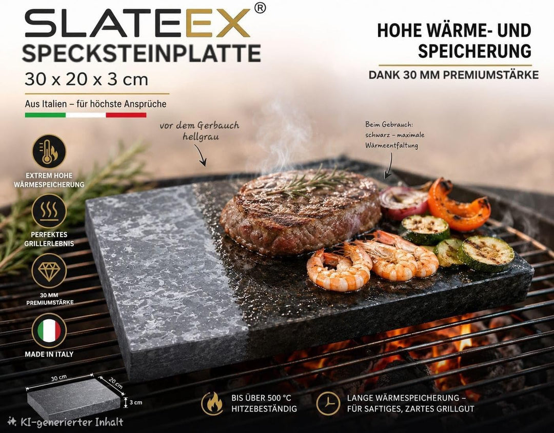 Specksteinplatte 30 × 20 × 2 cm – Naturstein Grillplatte aus Speckstein – massive Steinplatte zum Gr