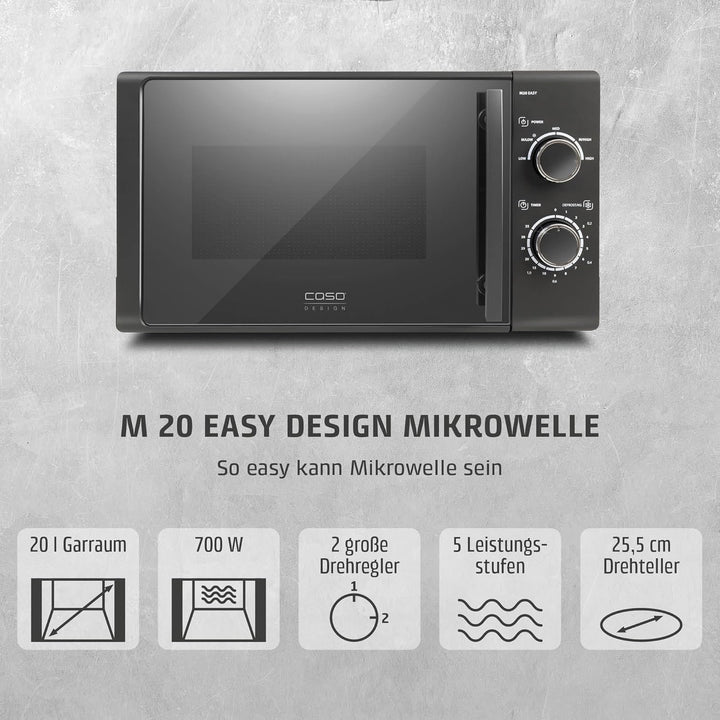 CASO | M20 EASY Mikrowelle | einfache Bedienung, 20 L Garraum, 700 Watt Leistung, Drehteller Ø 25,5c