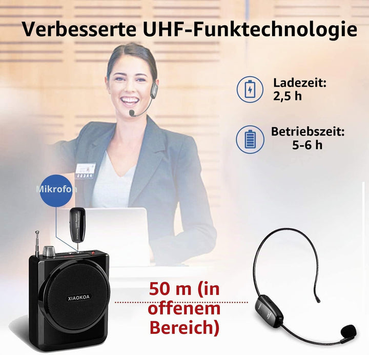 Kabelloses Mikrofon Headset, UHF Kabelloser Mic, USB-C Ladeanschluss Drahtloses Microphone, 50m Kabe