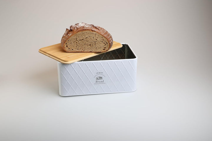 Brotkasten - Rustic Breadvault White, aus Metall mit Bambusdeckel, schöne &amp; rustikale Brotbox mit na
