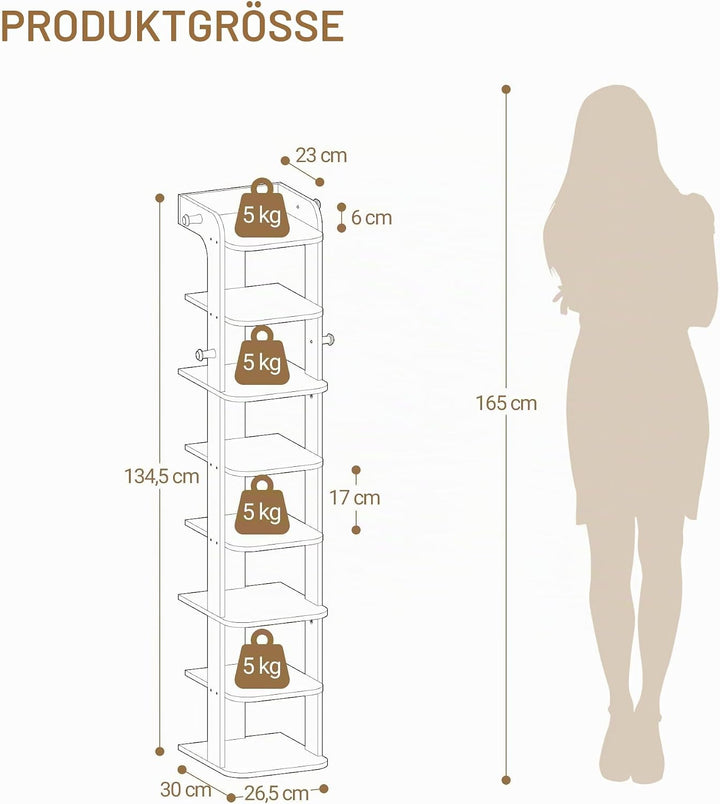 Hzuaneri Schuhregal, Schmales Schuhablage mit 8 Ebenen, Holz-Schuh-Organizer mit Haken, Verstellbar,