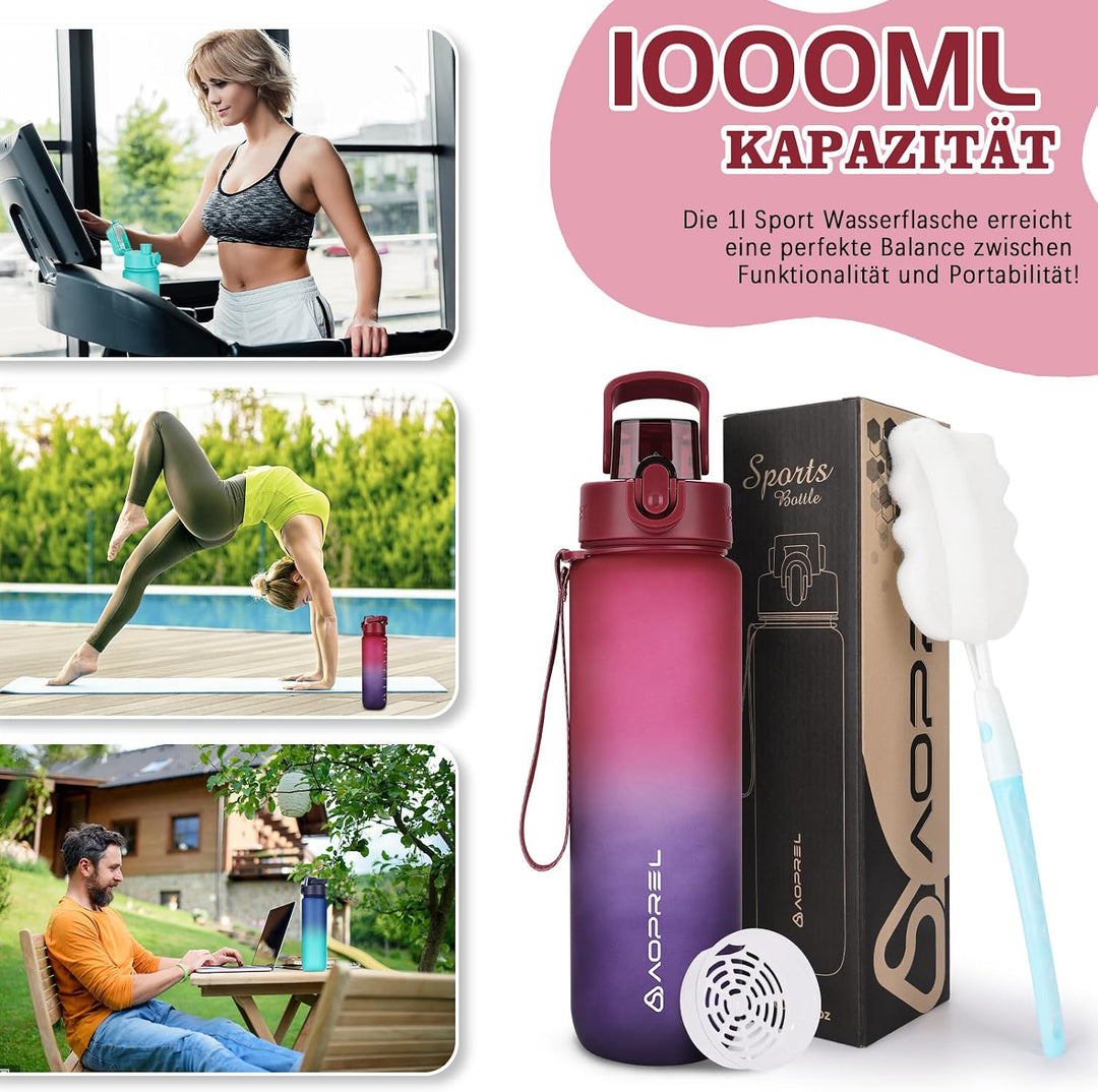 AOPREL Trinkflasche 1l, Wasserflasche BPA-Frei aus Tritan, Sport Trinkflasche Kohlensäure geeignet,