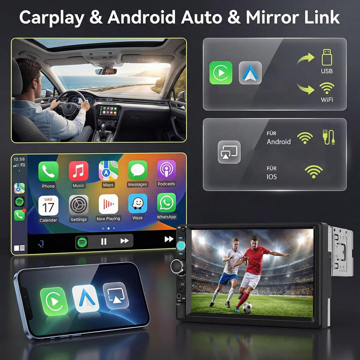 Hodozzy Autoradio 1 Din mit Drahtloses Carplay Android Auto, 7 Zoll IPS Bildschirm Auto Radio Unters