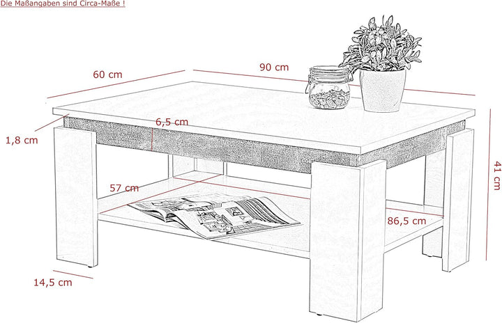 Hela Tische, Couchtisch Sofatisch Tim, Holzwerkstoff melaminbeschichtet, farbiger Tischkranz, Sonoma