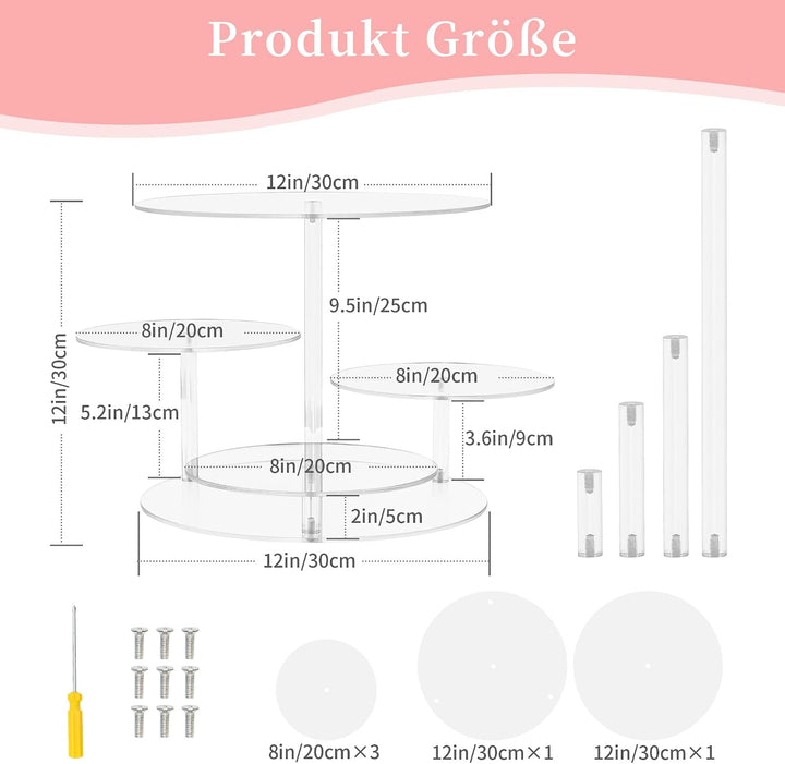 ohbien 4 Etagen Kuchen und Cupcake Ständer, Acryl Rund Tortenständer | Transparent für 8-12 Inch Kuc