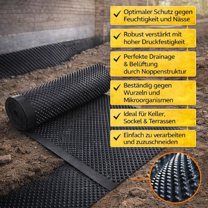 Noppenbahn 0,5x20m - 10m² | Noppenfolie | Mauerschutz | Grundmauerschutz | Drainage | Dichtungsbahn