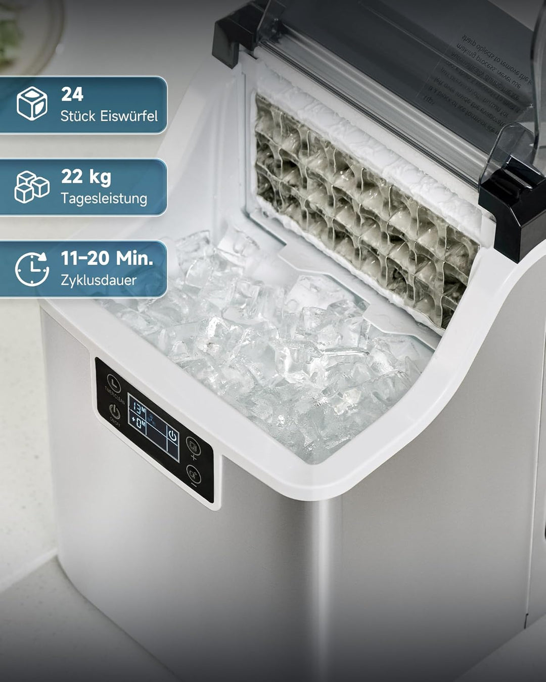 CREWORKS Edelstahl-Eiswürfelmaschine 22 kg/24 h Gewerbeausführung mit LCD-Display Selbstreinigung 3,