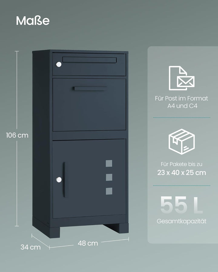 SONGMICS Paketbox, Paketbriefkasten, Briefkasten mit Paketfach, Paketkasten XXL, für Briefe, Pakete,