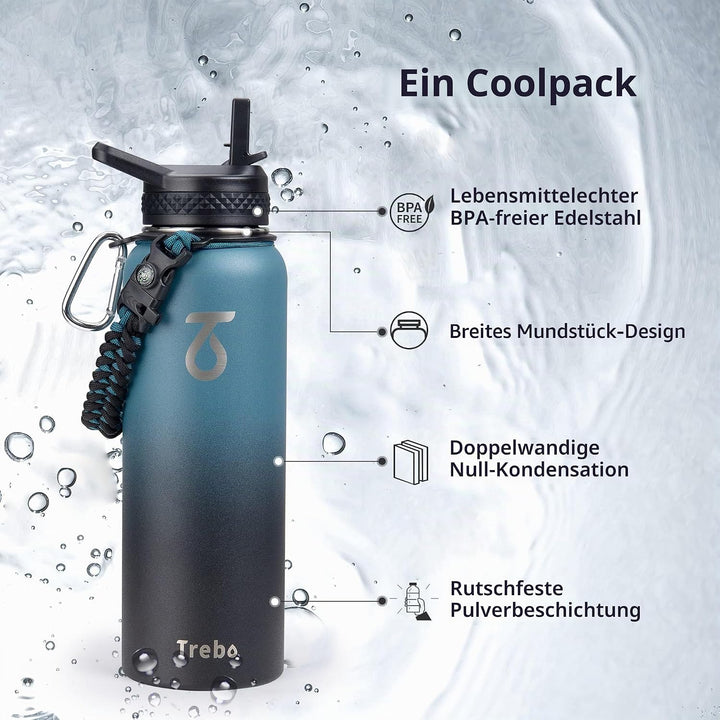 Trebo 1.2 L Edelstahl Trinkflasche Isoliert mit Paracord-Griff &amp; 3 Deckeln Indigoschwarz 1183 ml, In