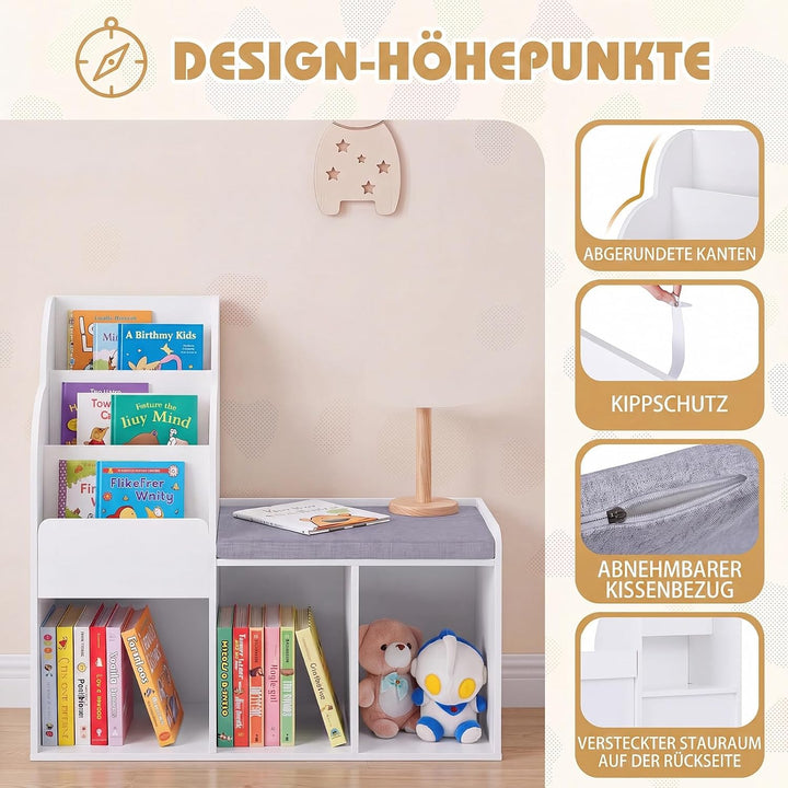 DREAMADE Dücherregal Kinder, Kinderregal mit Sitzbank