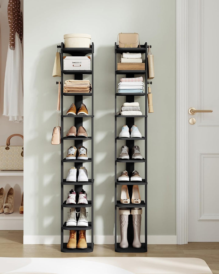 Hzuaneri Schuhregal, Schuhablage mit 10 Ebenen, Holz-Schuh-Organizer mit Haken, Verstellbar, Platzsp
