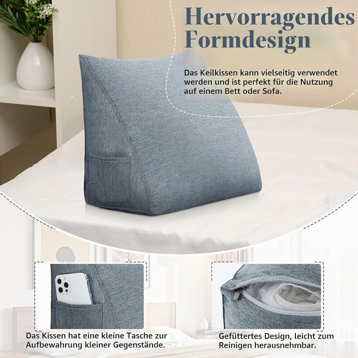 Keilkissen als Kopfteil-Lesekissen für Bett und Sofa Grau 45cm, Grau 45cm