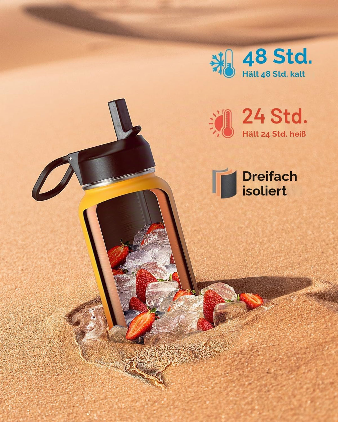 Wasserflasche 40 oz (1,2 l) isoliert mit Strohhalm &amp; Bürste, Coolflask Vakuum Edelstahl Metall 3 Dec