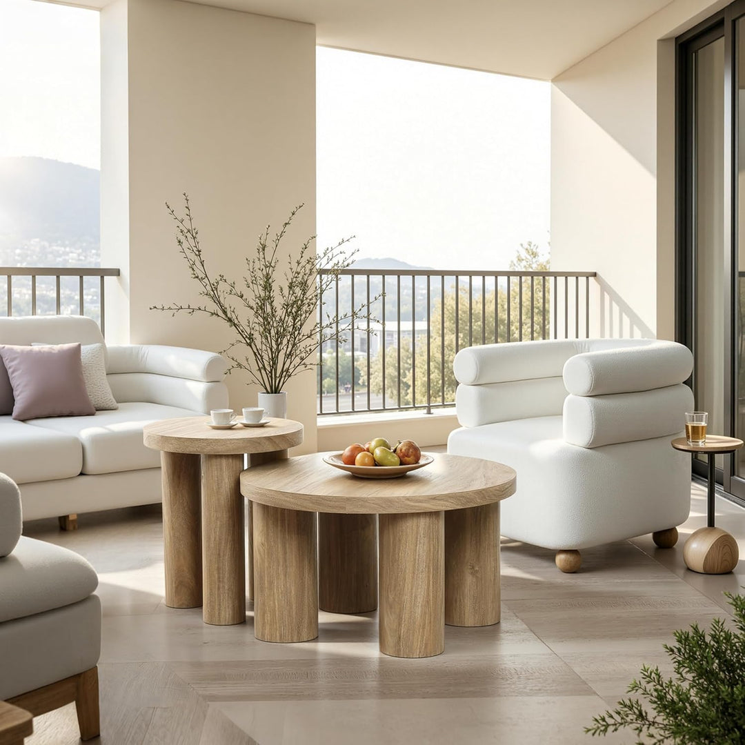Hometopia Couchtisch Rund 70 cm aus Holz mit Säulenbeinen Eichenoptik Ø70 cm X H40 cm, Eichenoptik Ø