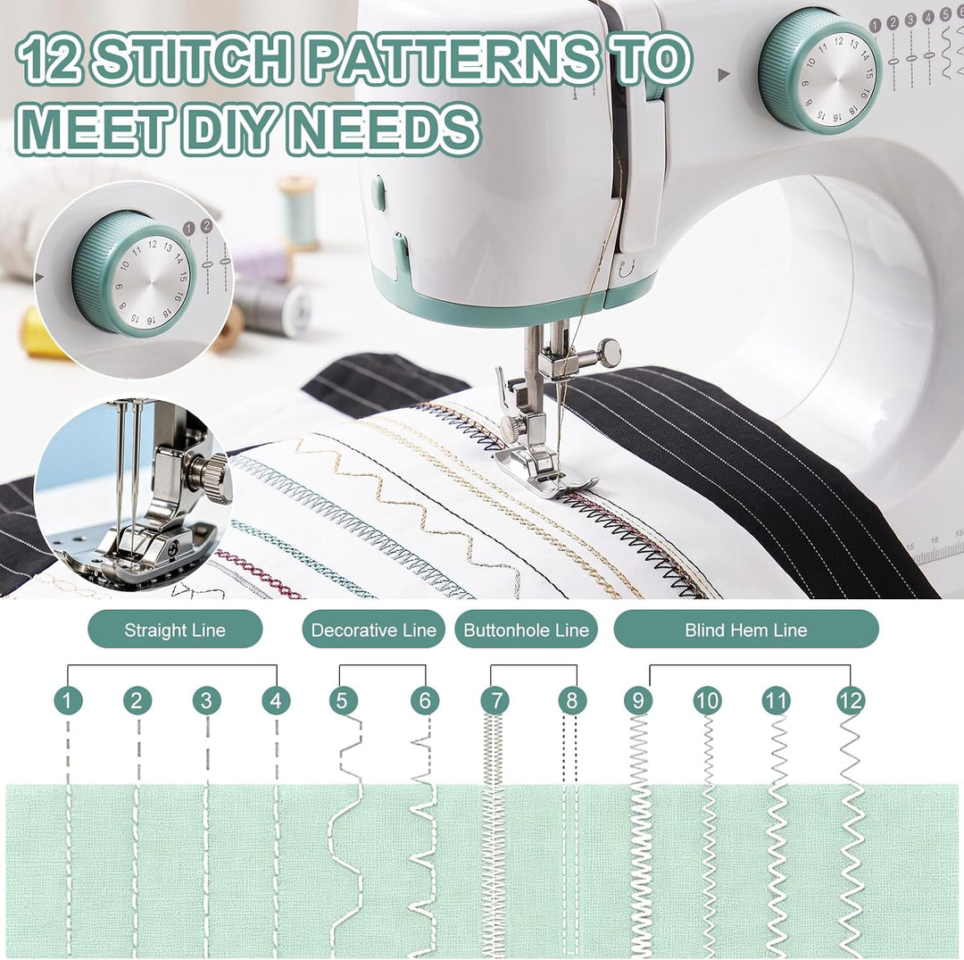 Nähmaschine für Anfänger und Kinder, Qoosea 12 Stichmuster Overlock Nähmaschine Einfach zu Bedienen,