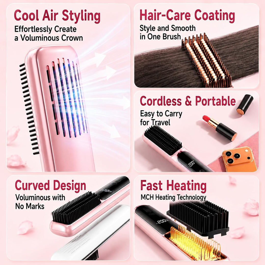 Glättungsbürste mit Kalter Wind, Kabellos Glättungsbürste für Haarstyling, Wiederaufladbare Beheizte