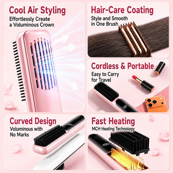 Glättungsbürste mit Kalter Wind, Kabellos Glättungsbürste für Haarstyling, Wiederaufladbare Beheizte